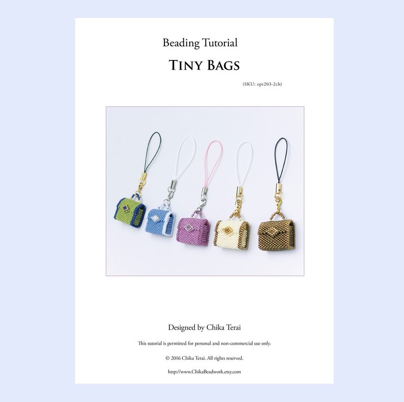 May include: Beading tutorial for making tiny bags. The image shows five different bags in various colors, including green, blue, purple, cream, and brown. Each bag has a gold clasp and a beaded chain.