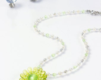 Green Flower Necklace, white pearl necklace, chartreuse necklace, wedding jewelry, green flower pendant, fresh green necklace, 388-1