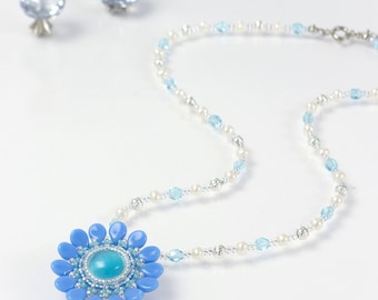 Blue Flower Necklace, blue wedding necklace, cute necklace, freshwater pearl necklace, blue elegant necklace for her, 388-1-1