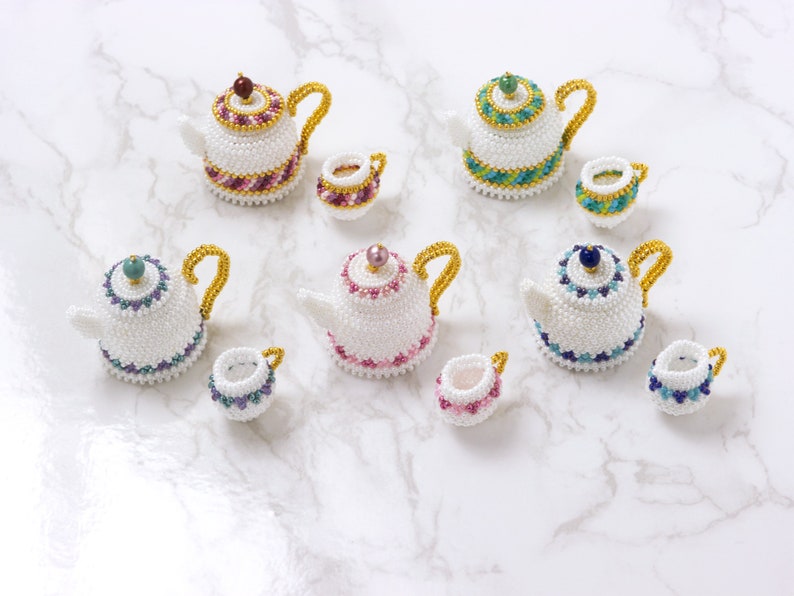 Beading pattern, Beaded Teapot and Cream Pitcher with plaited herringbone stitch, PDF seed bead pattern, ept431-2pot image 3