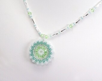 Swarovski crystal pendant necklace, mint necklace, green beaded pendant necklace, circle pendant necklace, seed bead pendant circular, 211-1