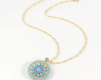 Round Pendant Necklace Blue Gold, beaded flower pendant, chic jewelry, easter gift for her, 375