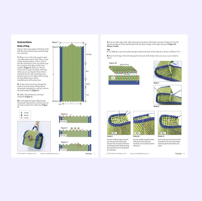 May include: Instructions for making a small green and blue beaded bag. The instructions include a diagram of the bead pattern and photos showing how to sew the beads together.
