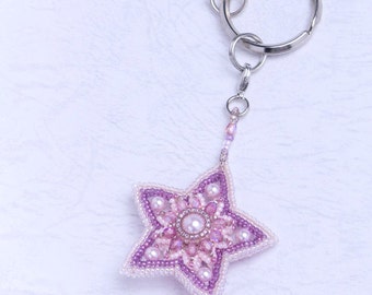 Beaded Star Keychain, Pink Glass Seed Bead Bag Charm, 1301