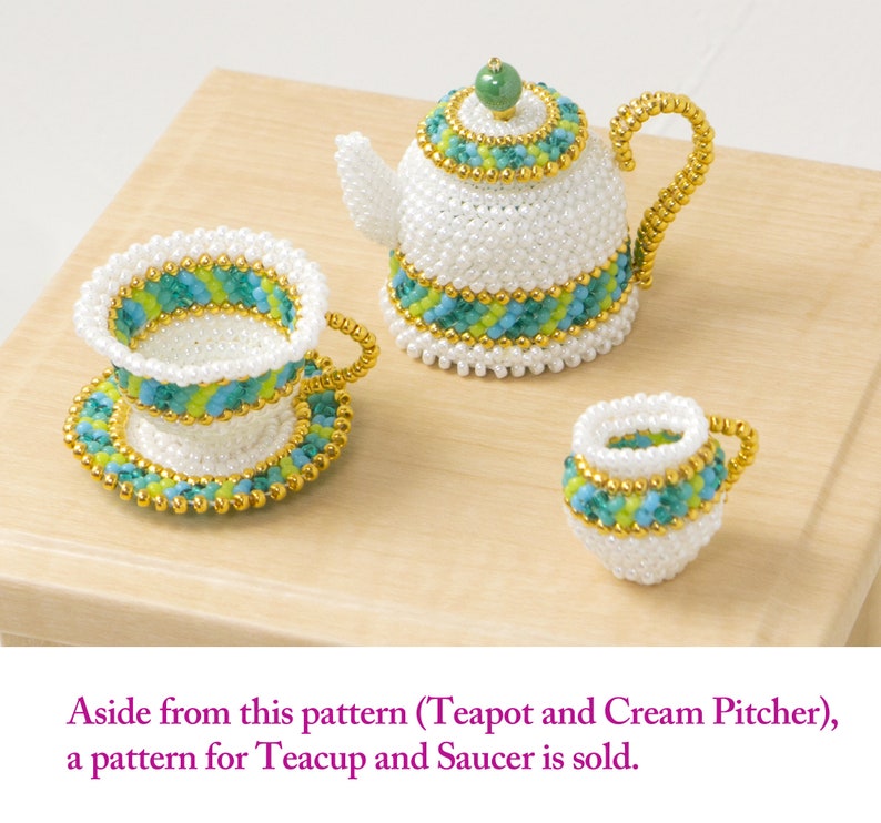 Beading pattern, Beaded Teapot and Cream Pitcher with plaited herringbone stitch, PDF seed bead pattern, ept431-2pot image 7