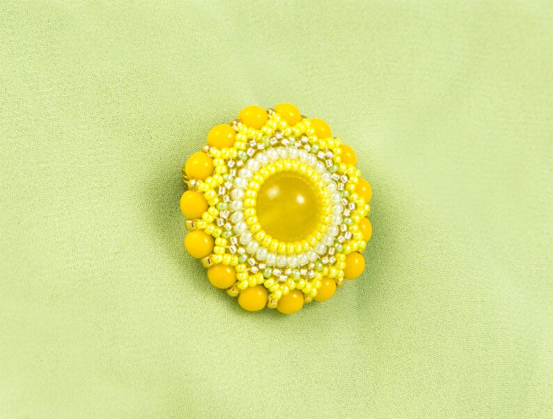Yellow brooch, flower motif, spring jewelry, round beaded brooch, elegant, feminine, womens birthday, easter gift, 150-338 image 2
