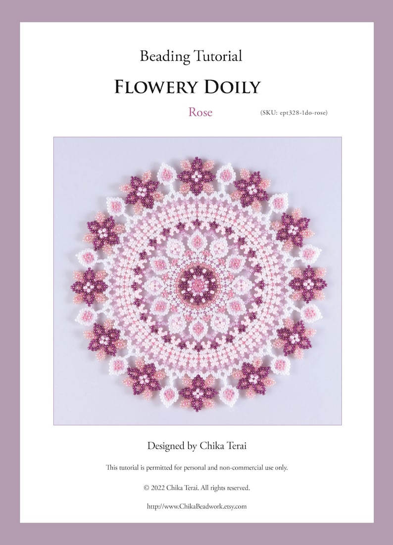 PDF Beading tutorial for rose color flowery doily, seed bead weaving, beaded doily pattern, home decor table mat, ept328-1do-rose image 1