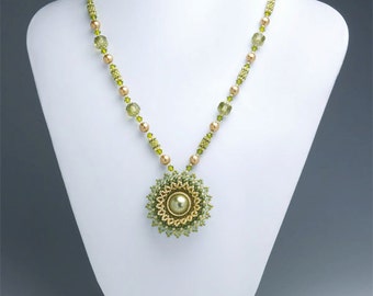 Beaded Circular Flowery Pendant Necklace Plaited Herringbone Stitch, Swarovski Crystal, Olive, gift, 310-3