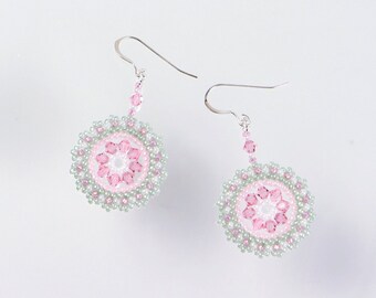 Sweet earrings, pastel earrings, pink swarovski crystal earrings, mint flower earrings, circle earrings, pasltel color, spring, 211-4