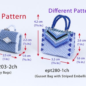 May include: Two beaded purses, one blue with a white trim and a diamond design, and the other blue with a striped design. The purses are shown with measurements in inches and centimeters. The text "This Pattern" and "Different Pattern" are shown above the purses. The text "ept203-2ch (Tiny Bags)" is below the first purse and the text "ept280-1ch (Gusset Bag with Striped Embellishment)" is below the second purse.