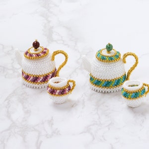 Beading pattern, Beaded Teapot and Cream Pitcher with plaited herringbone stitch, PDF seed bead pattern, ept431-2pot image 4