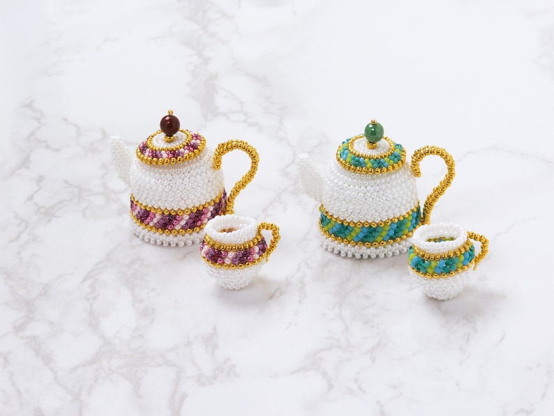 Beading pattern, Beaded Teapot and Cream Pitcher with plaited herringbone stitch, PDF seed bead pattern, ept431-2pot image 4