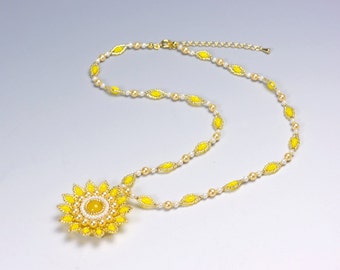 Beaded flower pendant necklace yellow, Flower spring necklace gazania, yellow elegant necklace, easter gift ideas for women, 383