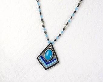 Blue tribal necklace, art deco necklace, black beaded necklace, black square necklace blue, 390