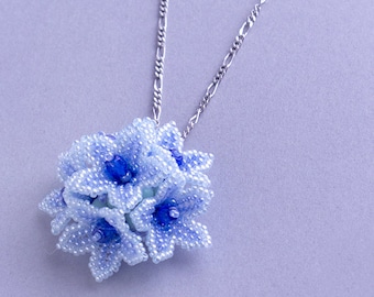 Beaded Flower Dome Pendant, Blue Elegant Floral Necklace, 1405