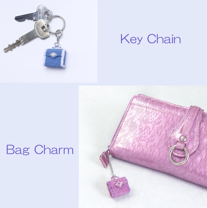 May include: A blue beaded purse charm with a silver ring attached to a silver key chain. The charm is also shown attached to a pink purse with a silver ring.