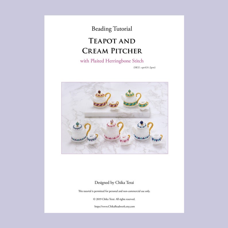 Beading pattern, Beaded Teapot and Cream Pitcher with plaited herringbone stitch, PDF seed bead pattern, ept431-2pot image 1