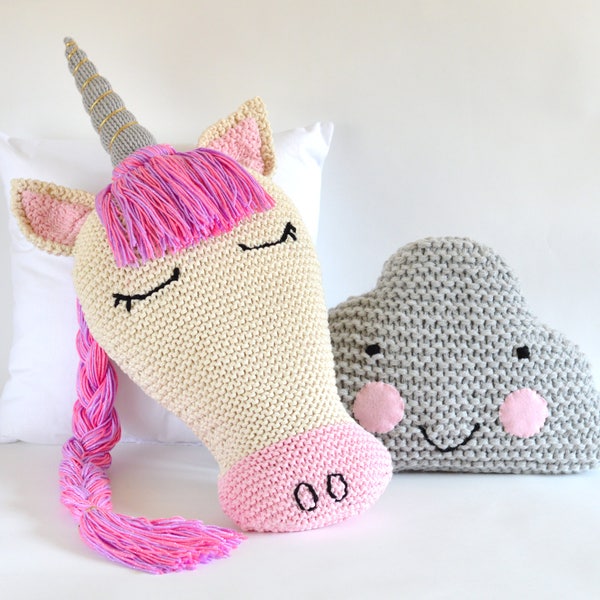 KNITTING PATTERN Unicorn Pillow Sleepy Unicorn and Cloud Pillow Knitting Pattern Easy Improving Beginner Pattern Unicorn Cushion PDF Pattern