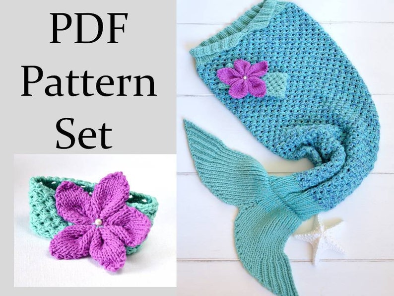 Mermaid Tail Blanket KNITTING PATTERN, Multiple Sizes for Children, Mermaid blanket pattern and matching Headband, PDF File Instant Download image 1
