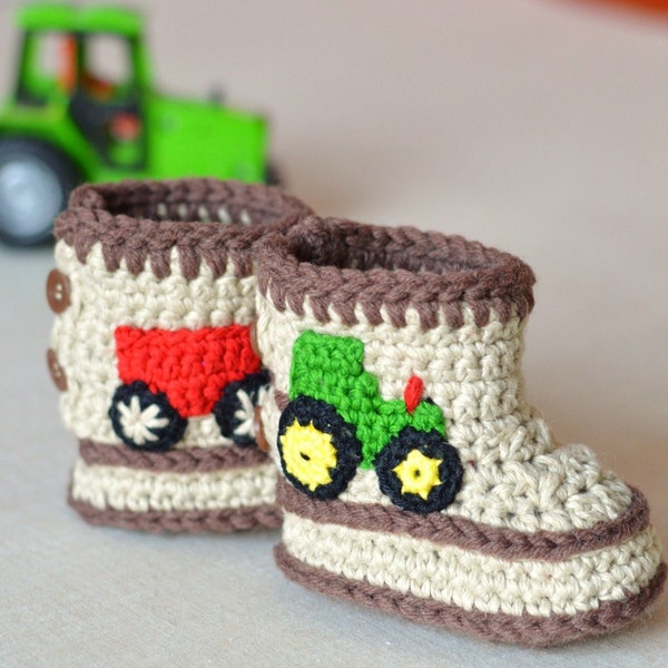 Crochet Pattern Baby Booties Tractor Booties in Three Sizes Crochet Baby Shoes Pattern Instant Download