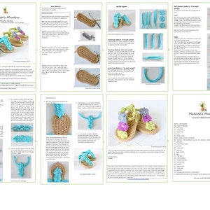 May include: Crochet pattern instructions for making baby sandals with a flower embellishment. The pattern includes instructions for making the sandals, straps, and flowers. The sandals are made with a light brown yarn and the flowers are made with a light blue yarn. The pattern also includes a list of materials and abbreviations.