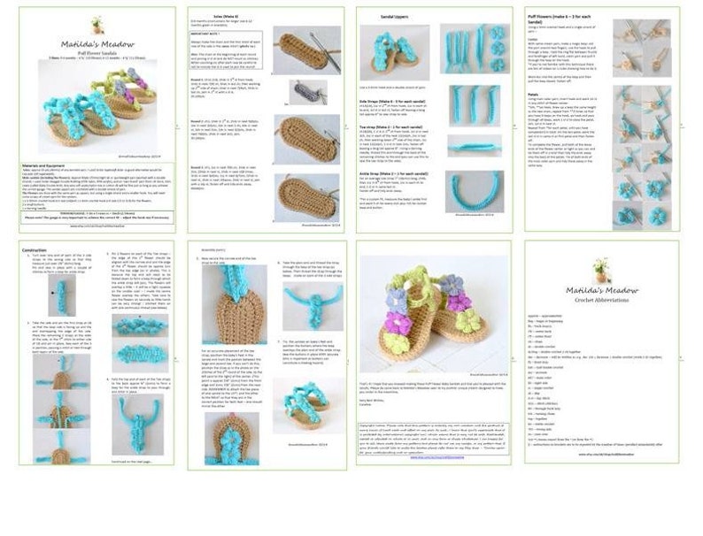 May include: Crochet pattern instructions for making baby sandals with a flower embellishment. The pattern includes instructions for making the sandals, straps, and flowers. The sandals are made with a light brown yarn and the flowers are made with a light blue yarn. The pattern also includes a list of materials and abbreviations.