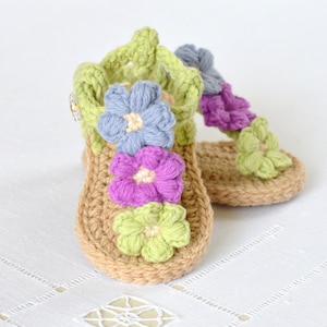 CROCHET PATTERN  Baby Sandals with Little Puff Flowers Instant Download Crochet Tutorial Intermediate Beginner