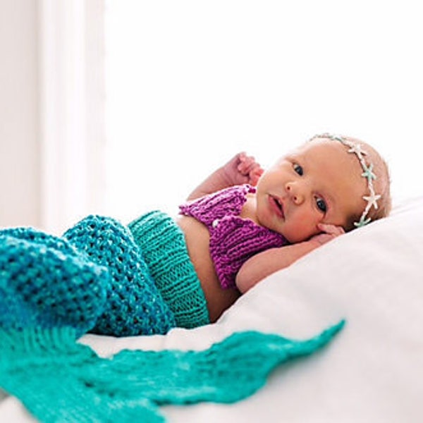 KNITTING PATTERN Baby Mermaid Tail Blanket 5 Sizes, newborn-1 month, 2-6 months, 6-12 months, 12-18 months, 18-24 months with Bikini Top