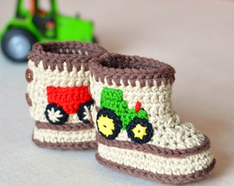 Baby Boy Booties CROCHET PATTERN easy instructions for how to crochet Booties with Tractors in 3 Sizes Digital File PDF improving beginner