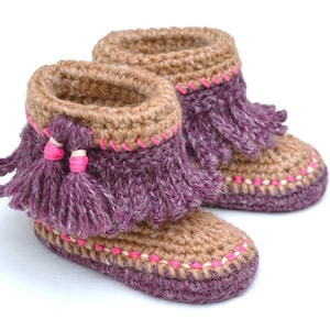 CROCHET PATTERN Baby Moccasin Booties with Tassels and Fringe Instructions for 3 Sizes Photo Tutorial Digital File Instant Download