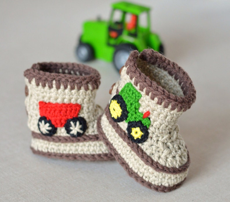 Crochet Pattern Baby Booties Tractor Booties in Three Sizes Crochet Baby Shoes Pattern Instant Download image 2