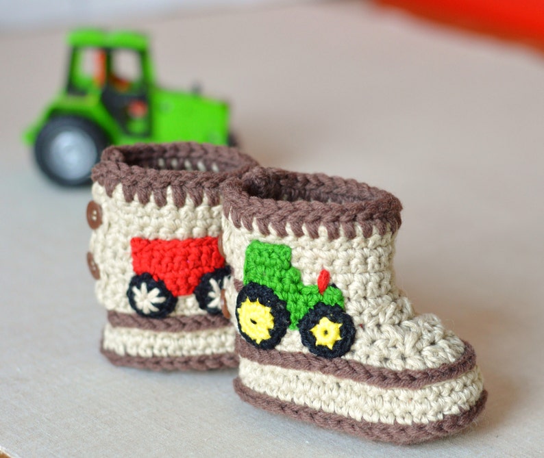 Crochet Pattern Baby Booties Tractor Booties in Three Sizes Crochet Baby Shoes Pattern Instant Download image 1