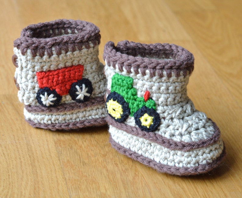 Crochet Pattern Baby Booties Tractor Booties in Three Sizes Crochet Baby Shoes Pattern Instant Download image 3