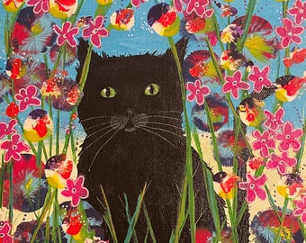 Black cat flowers 12x16" original acrylic painting Canvas