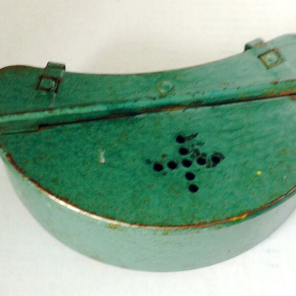 Vintage Green Metal Bait Box With Belt Hooks