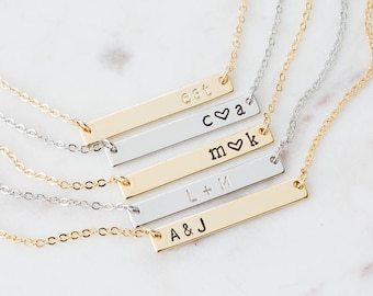 Bar Necklace • Initial Necklace • Personalized Gold Bar Necklace for Women • Stamped Name Plate • Minimalist Bar Name Date Necklace for Her