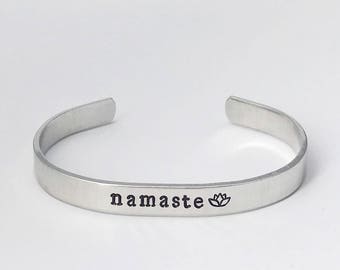 Namaste Cuff Bracelet, Lotus Flower Cuff Bracelet, Yoga Jewelry, Yoga Love Gift, Yoga Lover Bracelet, Yogi Cuff Bracelet, Namaste Gift