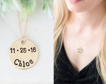 Gold Baby Name and Birth Date Necklace - Hand Stamped Personalized Newborn Necklace - New Baby - Push Present - New Mom Mommy Jewelry