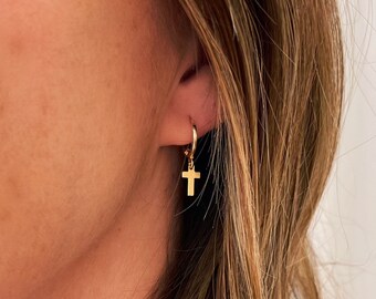Sierlijke gouden kruisoorbellen, minimalistische kruisoorbellen, religieuze kruissieraden, kleine kruisringen, hangoorbellen, hendel terug
