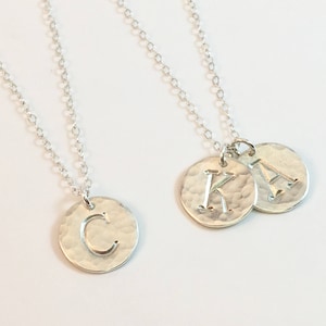 Disc Initial Necklace, Sterling Silver Letter Necklace, Hammered Disc Necklace, 1, 2, 3 Initials Necklace, Children&#39;s Kids Initials Necklace