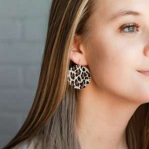 Chocolate Leopard Print Leather Teardrop Circle Earrings, Animal Print Cheetah Leather Pendant Earrings, Disc Earrings, Lightweight Leather
