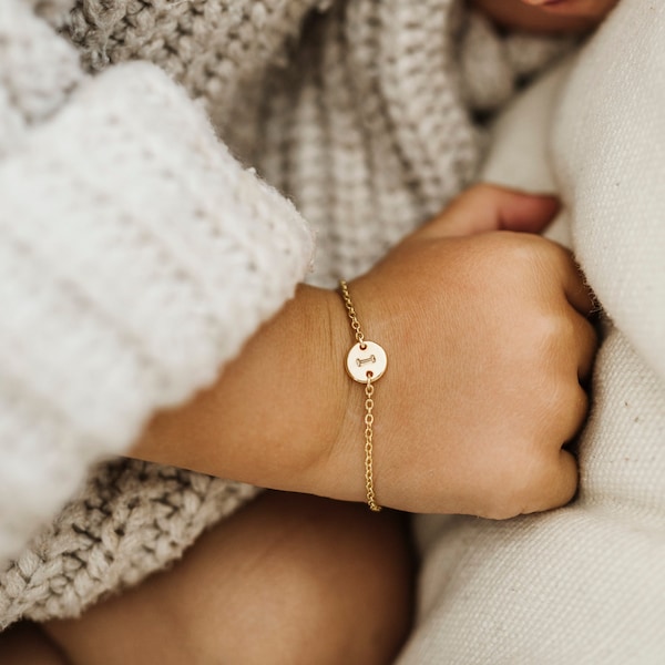 Kids Toddler Girl Initial Disc Bracelet, Gold or Silver Dainty Letter Disk Bracelet, Children's Confirmation Christmas Birthday Gift, Custom