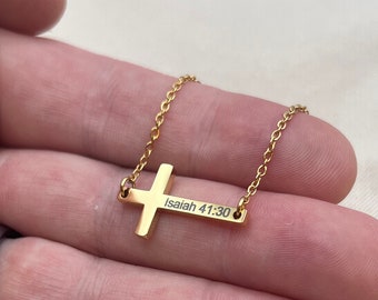 Bible Verse Cross Necklace for Women, Personalized Cross with Name or Verse, Custom Sideways Cross Bible Verse Necklace, Religious Jewelry