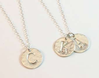 Disc Initial Necklace, Sterling Silver Letter Necklace, Hammered Disc Necklace, 1, 2, 3 Initials Necklace, Children's Kids Initials Necklace