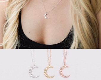 Dainty Crescent Moon Necklace, Rose Gold, Gold, Silver Hammered Moon Necklace, Astrology Necklace, Perfect Layering Necklace, Modern Minimal