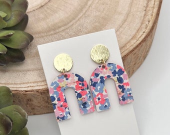 Colorful Summer Statement Earrings - Lightweight Floral Print Leather Earrings - Post Back Wildflower Cork Leather Earrings - Jewelry Gift