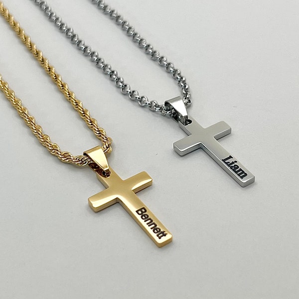 Personalized Cross Necklace for Boys • Custom Cross Necklace • Kids Engraved Name Cross Necklace • Boys Baptism Gift • First Communion Gift