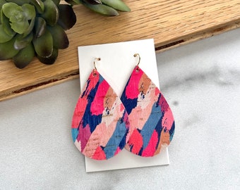 Leather Teardrop Earrings - Summer Colorful Brushstrokes Print Leather Backed Cork Earrings - Earrings for Women - Fun Trendy Earrings