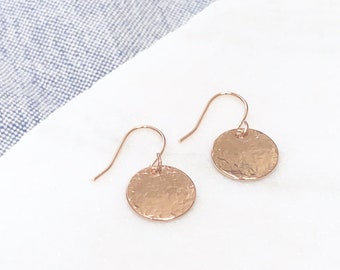 Rose Gold Disc Earrings, Hammered Disk Drop Earrings, Christmas Gift for Mom, Daughter, Friend, Everyday Rose Gold Earrings, Simple Circle