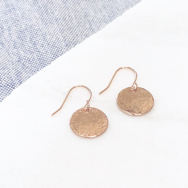 Rose Gold Disc Earrings, Hammered Disk Drop Earrings, Christmas Gift for Mom, Daughter, Friend, Everyday Rose Gold Earrings, Simple Circle